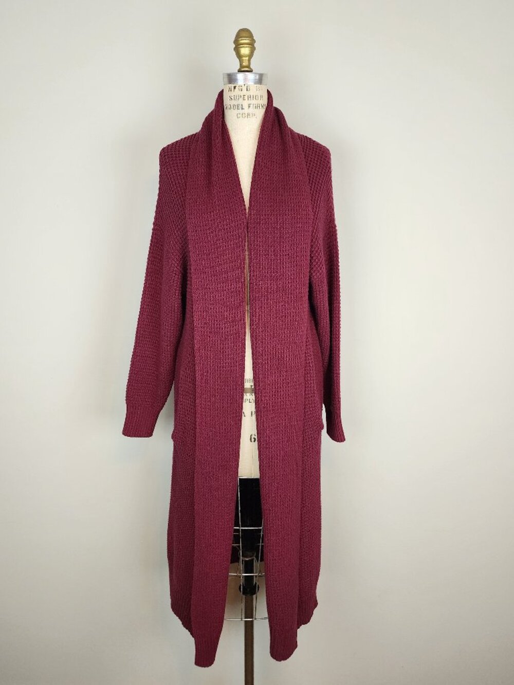 Warm & Cozy Wine Chunky Knit Long Cardigan Sweater with Long Sleeves & Pockets